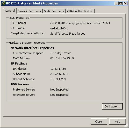 ESX Server 3 Configuration Guide 4 Click Properties. The iscsi Initiator Properties dialog box opens. The General tab displays additional characteristics of the initiator.