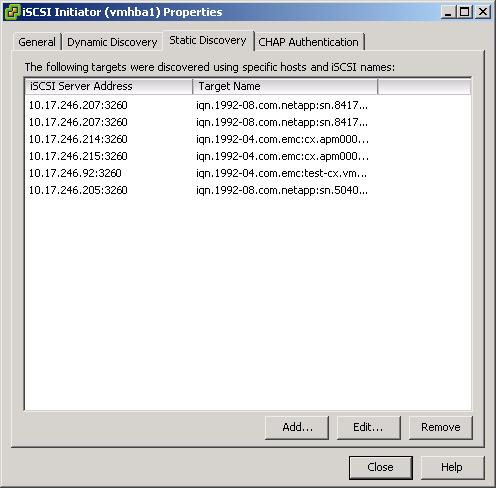 Chapter 6 Configuring Storage To set up target discovery address by using static discovery 1 In the iscsi Initiator Properties dialog box, click the Static Discovery tab.