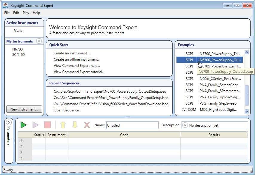 Starting Command Expert Click Start > All Programs > Keysight Command Expert > Keysight Command Expert. The Command Expert opening window (Welcome Window) is shown below.