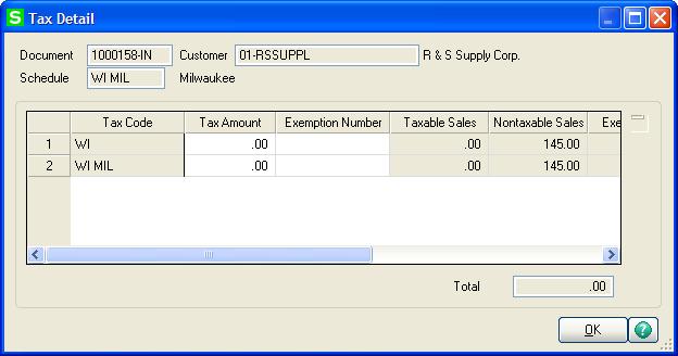 Understanding How Sales Tax is Calculated For invoice 1000158-IN, let's say the same tax schedule of WI MIL is used; however, the tax class for the Standard Gadget item on the Invoice Data Entry
