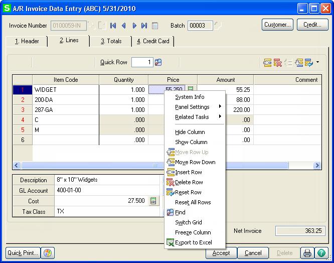 Becoming Familiar with Maintenance and Data Entry Windows Right-click outside of a grid to access these options. Click System Info to view information such as the current user.