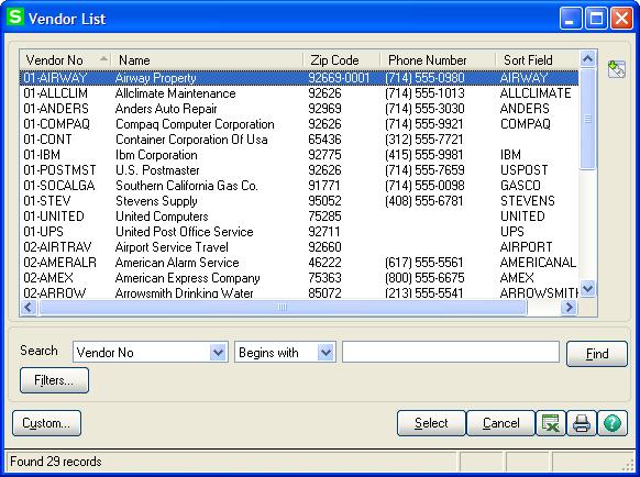 Using the Lookup's Basic Features To select a record using the lookup window 1 In a window, click a Lookup button. The lookup window appears displaying the available records.