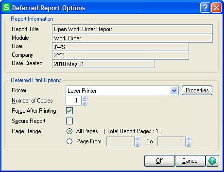 Printing Reports, Listings, or Forms 6 In the Deferred Report Options window, change the information in the Printer, Number of Copies, Collated, Purge After Printing, Secure Report, and Page Range