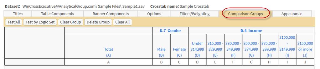 Next, create some comparison groups and perform significance testing for the crosstab you are creating.