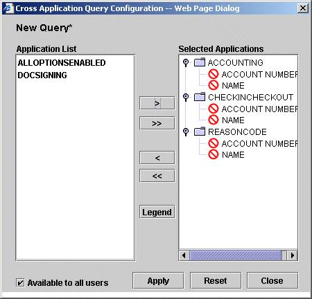 Figure 116. New Cross Application Query Applications Selected Note the icons to the left of the field names in the Selected Applications list.