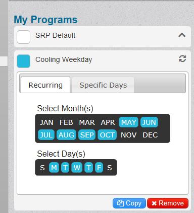 To prepare for the creation of a new Summer Peak program, deselect July and August by clicking on the months displayed in the Select Month(s) section of the screen Reminder: Recurring programs can t