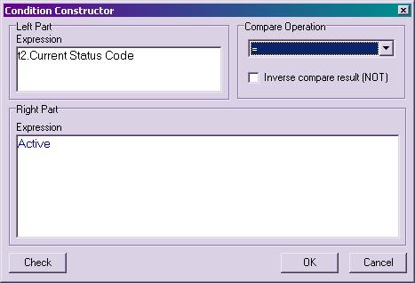 INSERT optionused to load options into the Expression 7) The Condition Constructor will then come up with the Expression that was picked in the Expression Editor in the Right Part