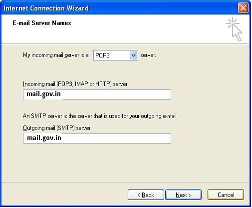 My incoming mail Server is a POP3 Server. Enter mail.gov.