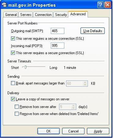 Click on Advanced Tab Enter 465 in the Outgoing mail (SMTP): field. Under Outgoing Mail (SMTP), check the box next to This server requires a secure connection (SSL).