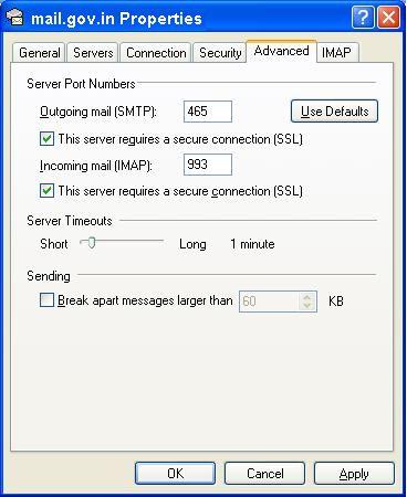 Click the Advance Tab Enter 465 in the Outgoing mail (SMTP): field. Under Outgoing Mail (SMTP), check the box next to This server requires a secure connection (SSL).