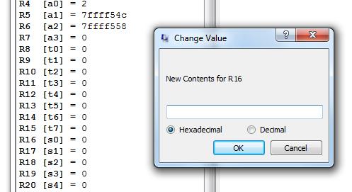 Setting Value into a Register You may right click on a register in the register frame and select Change Register Contents to assign value directly into that register.