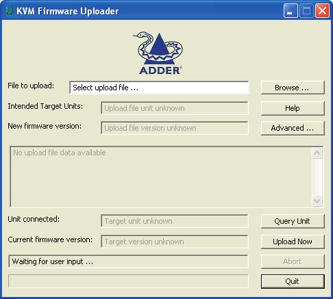 The KVM Firmware Uploader dialog will be displayed: Issues to consider when performing flash upgrades The upgrade program rewrites the AdderView Matrix firmware code.