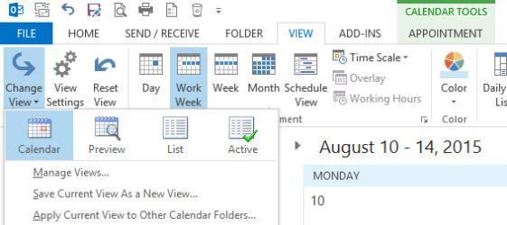 Viewing Calendars as List View > Current View > Change View List shows all