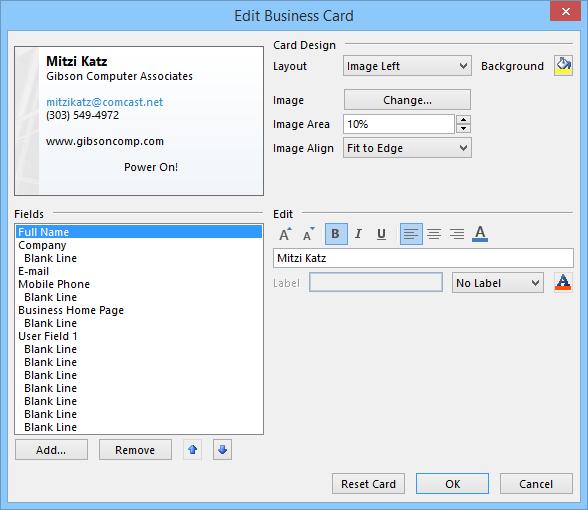 Creating a Business Card Contact > Options > Business Card Select design and fields to display on card Card as