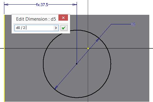 12. Using the General Dimension tool again, click the left vertical line, and then the center of the circle. Place the dimension above the part.