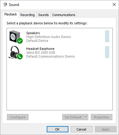1) To define the default communications device, make sure that the Sound settings in Windows pertaining to Recording and Playback devices are correctly configured.