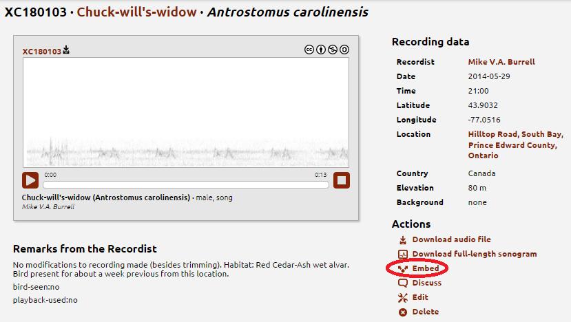 Figure 4: grabbing the link from Xeno-Canto Editing a checklist There are lots of situations where you might want to edit an existing checklist Sharing In ebird 101 we showed you how to enter a basic