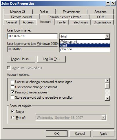 Unclassified/NIPRNet systems: Select the @mil extension from the domain suffix drop-down box to match the domain suffix in the user s certificate Principal Name value.