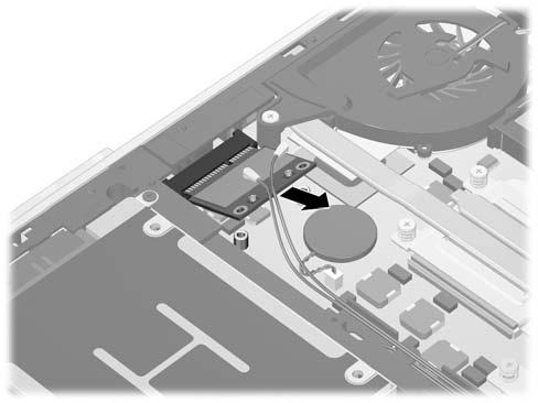 6. Remove the WLAN module by pulling the module away from the slot at an angle.