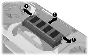 2. Remove the memory module (2) by pulling it away from the slot at an angle.