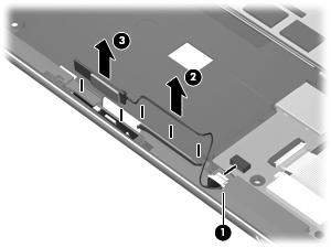Remove the Bluetooth module: 1. Disconnect the Bluetooth module cable (1) from the SIM/WWAN board. 2. Release the Bluetooth module cable from the routing clips (2) built into the base enclosure. 3.