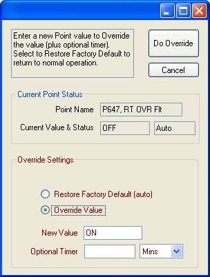 Figure 10 Override Dialog window The top section of the Override Dialog window shows the current value/status of the TCOM control s Point value.