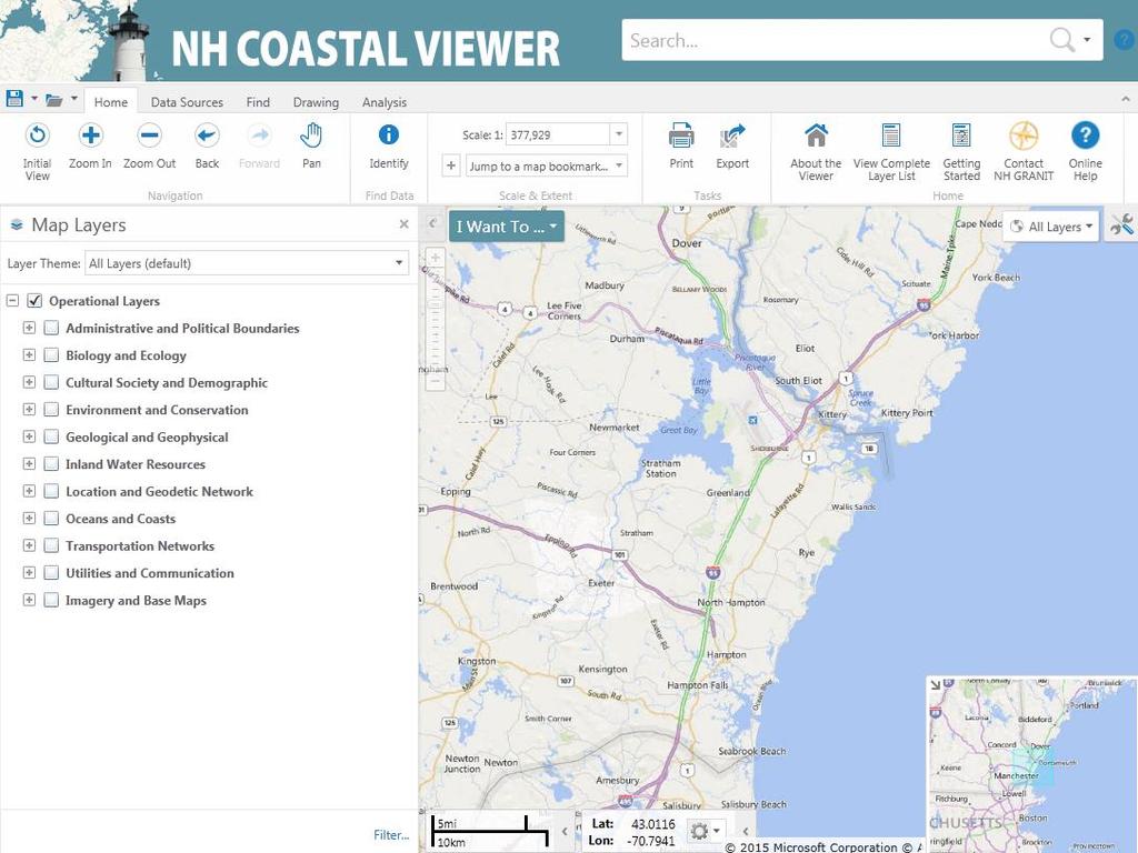 Getting Started with the NH Coastal Viewer March, 2015, v0 The NH Coastal Viewer contains a comprehensive user interface with many tools and functions.