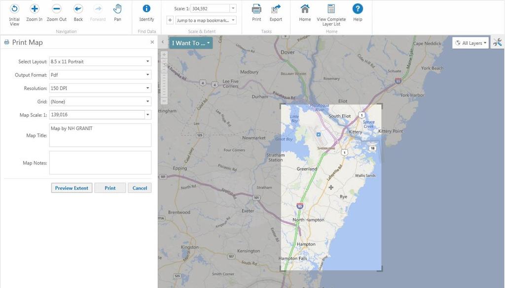 Preview Extent Click to show Extent rectangle Save and Open Projects Another feature available in the NH Coastal Viewer is the ability to save and open projects.