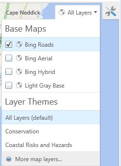 layers which can be turned on or off. Unlike some other online map viewers, the menu does not automatically switch base maps when a different layer is clicked.