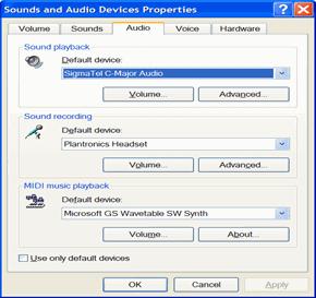 Using the Agent Station Configuring the Ring-to Option Windows Win2000 users Go to the PC Control Panel by clicking Start > Control Panel and open the Sound and Audio Devices Properties.