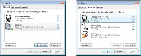 2 From the Sound properties Recording tab, configure the Headset Microphone as default. To set the Headset to default, click on the Headset and click Set Default.