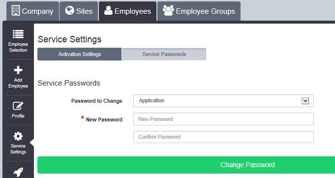 The Application Password can be set/changed via the Business Portal as follows: To do this navigate to a User s Services in the Business Portal Employees >> Service Settings >> Service Passwords.