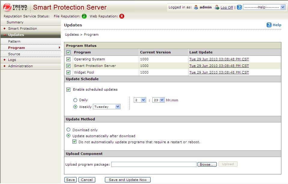 Trend Micro Smart Protection Server 2.5 Administrator s Guide To configure a scheduled update: Navigation Path: Updates > Program 1. Select Enable scheduled updates and select the update schedule. 2. Select one of the following update methods: Download only: Select this check box to download program files without installing them.