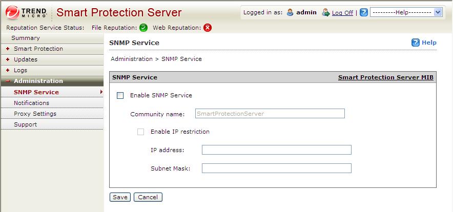 Using Smart Protection Server To configure SNMP Service: Navigation Path: Administration > SNMP Service 1. Select the Enable SNMP Service check box. 2. Specify a Community name. 3.