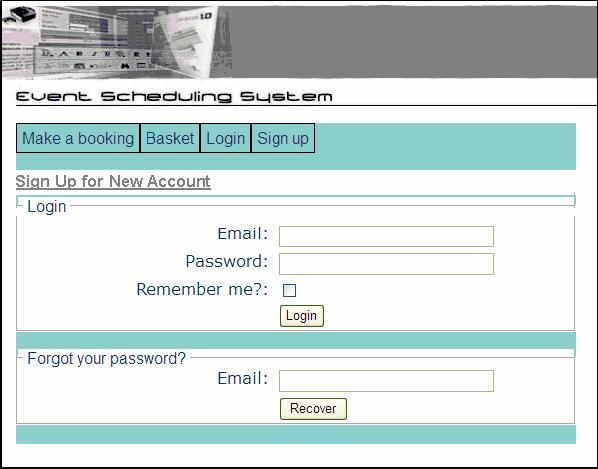 The Client Sign-up and Login Page Figure 2-4 The Client Sign-up & Login Page Once a client has successfully booked a reservation, they must login or create an account to pay for the booked
