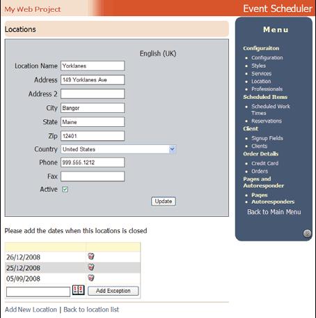 Managing Exception Dates Figure 5-2 The Location Details Page After adding a new location, you can add exception dates for the location through the Exception List (Figure 5-2), which allows you to
