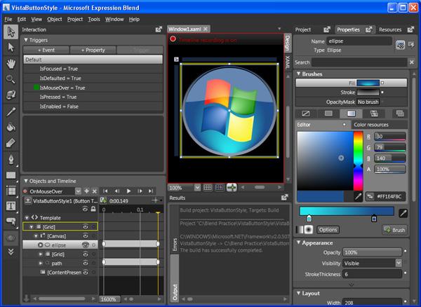 Obr.13: Užívateľské prostredie programu Microsoft Expression Blend Expression Blend slúži hlavne potrebám designerov na jednoduchú a efektívnu prácu so XAML súbormi.