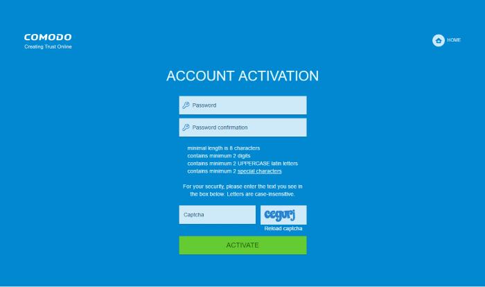 Enter a new password for your account and re-enter it for confirmation in the respective text fields. Click the 'Activate' button.