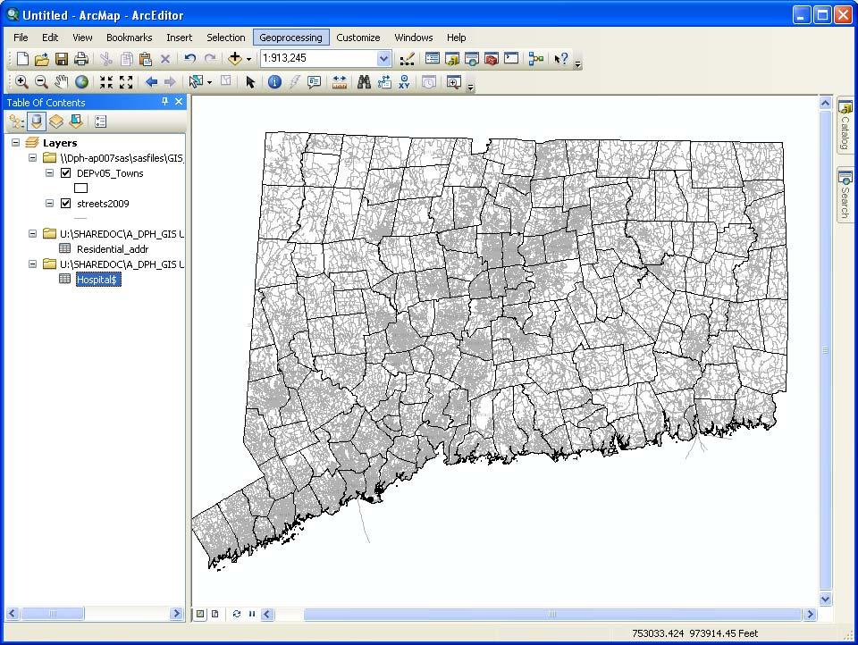 Since we will be geocoding data, I also add the street centerline shapefile layer to the map so that the streets are