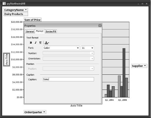 Storing and Displaying Data in Access 1 FIGURE 1.28 The PivotChart with fields assigned to its drop zones.