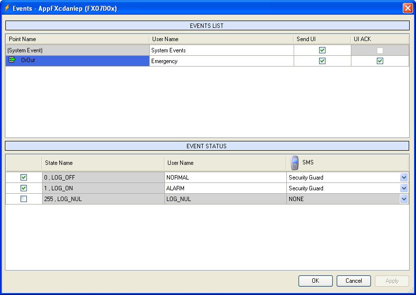 Figure 43: Events Plug-in You can associate events with changes in binary or enumerated logic variables in the Network Profile or the Application Profile.