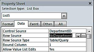 Under the Data tab the Row Source property specifies the location of that data or specifies a query or SQL statement from which the data comes.