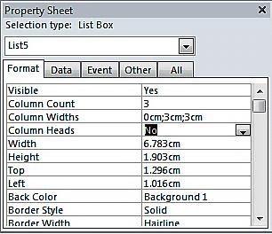Hiding the bound column Open the Format tab and the first couple of properties allow us to do just that. Column Count sets the number of columns that are visible in the List box or Combo box.