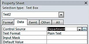 7, go to the property sheet, click on Data tab and set the Control Source to Department. Then in the Other tab change the Name to txtdept.