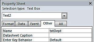 Change the name of the text box to txtdept. Figure 6.8 Now change to Form View, figure 6.