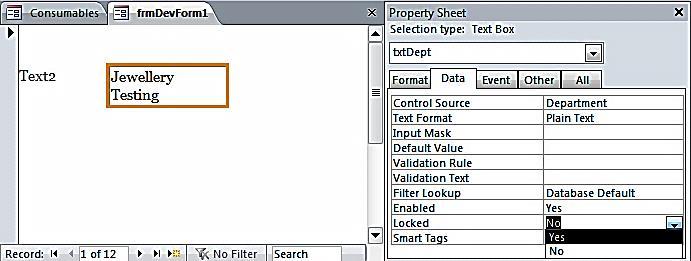 Locking Controls To prevent any alteration of data through a control, i.e. to make it Read-Only, change the form back into Design or Layout Mode, bring up the property sheet, click the Data tab and change the Locked property to Yes (figure 6.