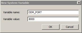 6. Click OK to close the window. The DDM_HOST environment variable appears in the list of system variables. 7. In the System variables box, click New to add another variable.