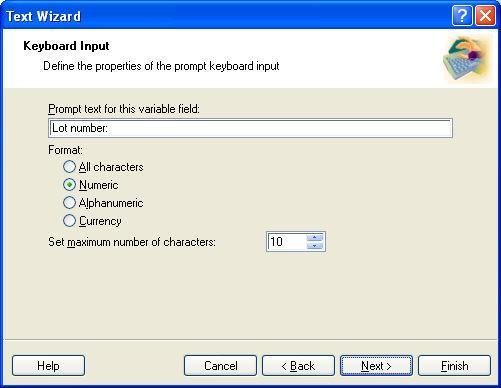 Dialog box for Text Wizard when Keyboard input option is chosen Prompt text for this variable field: Fill in the message that will be shown to the user when he will enter tne values for the variable
