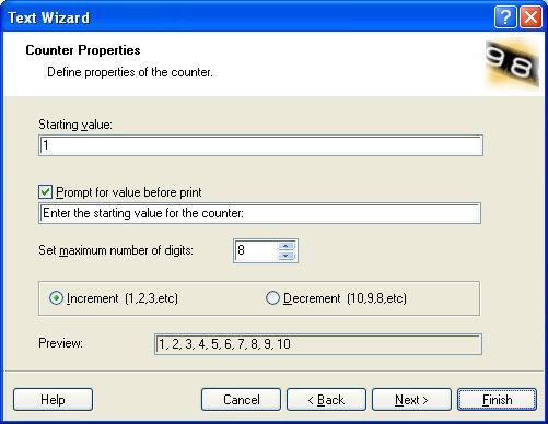 Dialog box for Text Wizard when Counter option is chosen Starting Value: Set the starting value for the counter. The counter will increment or decrement from the starting value.