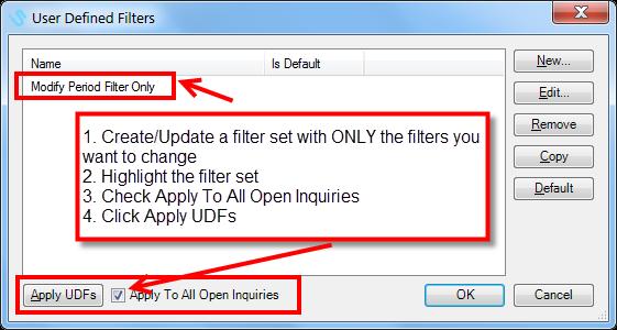 Apply User Defined Filter Set to All Open Inquiries and/or a Report Pack A User Defined Filter set can be applied to an on-screen report pack (see QRA 108.